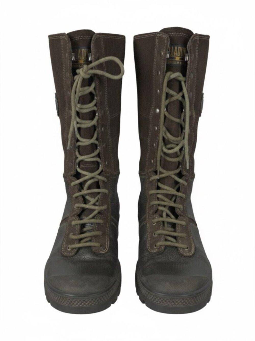 Palladium Khaki Dark Brown Leather Suede Tall Lace Up Boots Size 10 Military